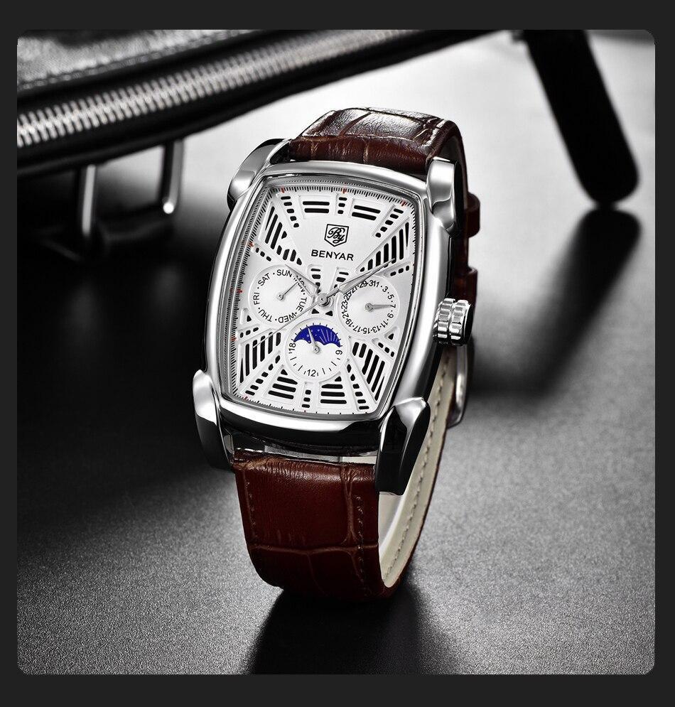 Stevvex square luxury men's watch analog quartz with brown leather strap and silver case on Tampa Home & Garden Store