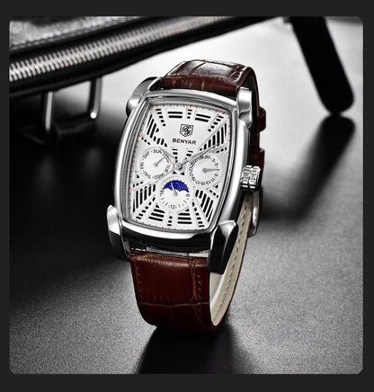 Stevvex square luxury men's watch analog quartz with brown leather strap and silver case on Tampa Home & Garden Store
