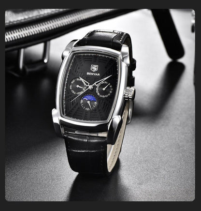 Square luxury men's watch with black dial, leather strap, analog quartz Stevvex ST524KNMULX3 on Tampa Home & Garden Store
