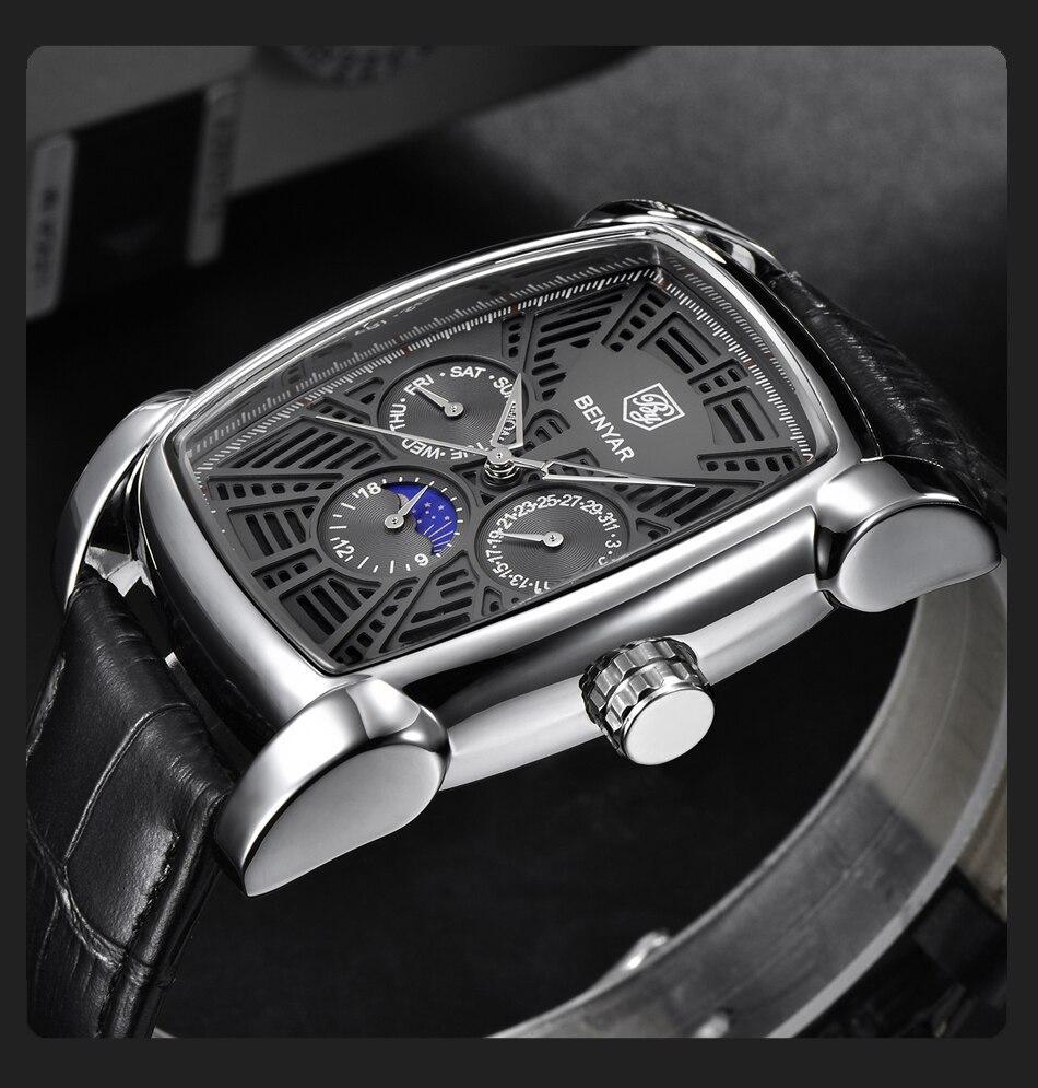Square luxury men's watch ST524KNMULX3 by Benyar analog quartz, black dial leather strap on Tampa Home & Garden Store