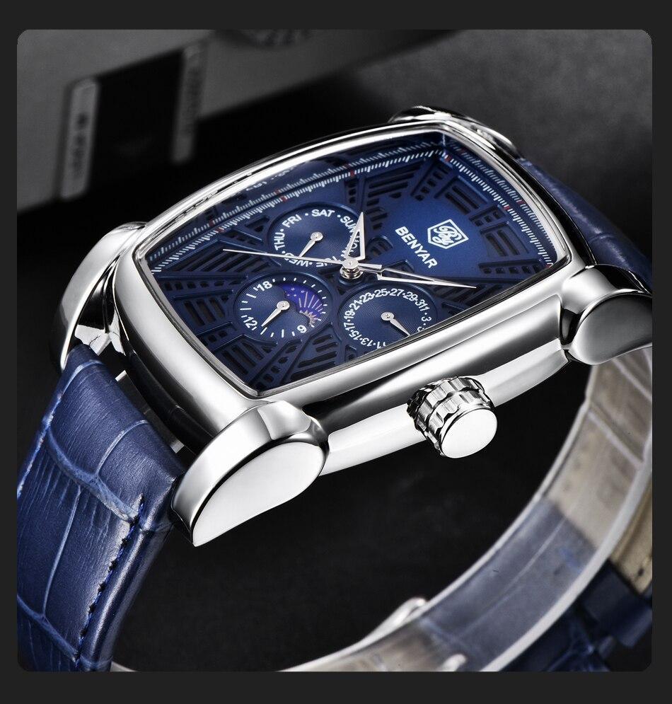 Square luxury men's analog quartz watch with blue dial, blue leather strap, Benyar logo on Tampa Home & Garden Store