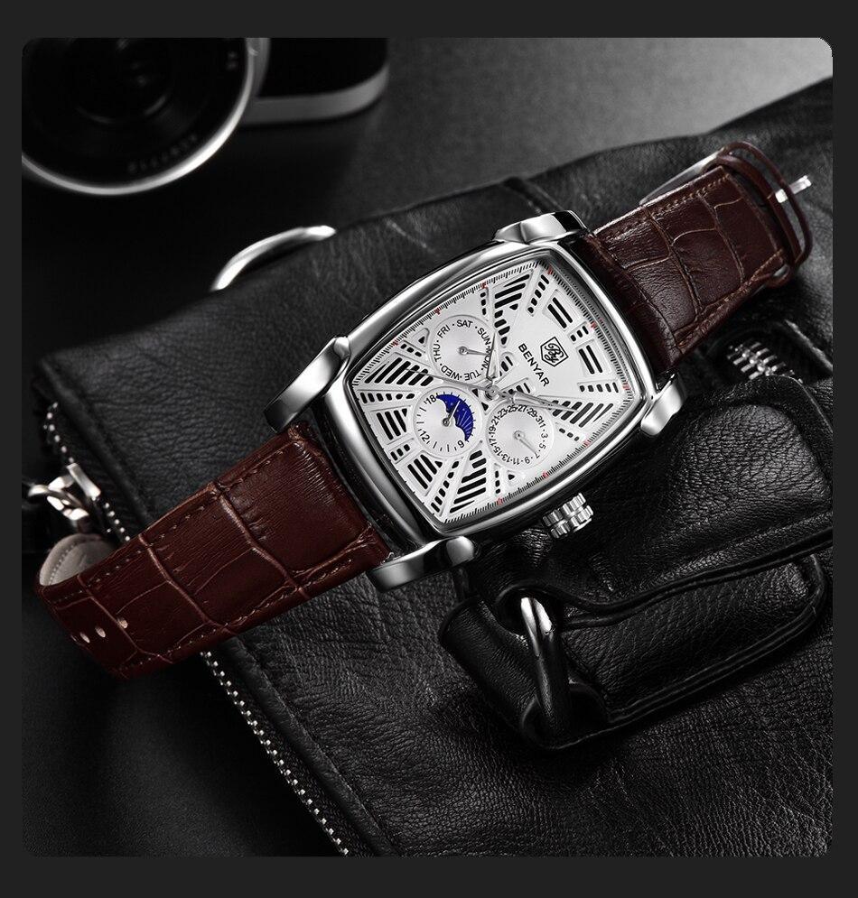 Square luxury mens watch by Stevvex ST524KNMULX3, brown leather strap, silver case on Tampa Home & Garden Store