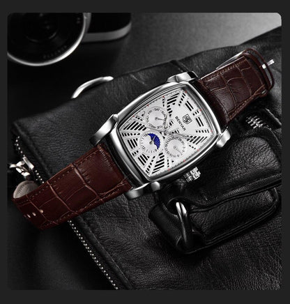 Square luxury mens watch by Stevvex ST524KNMULX3, brown leather strap, silver case on Tampa Home & Garden Store