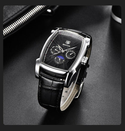Square luxury men's watch BENYAR with black textured dial, silver case, black leather strap on Tampa Home & Garden Store