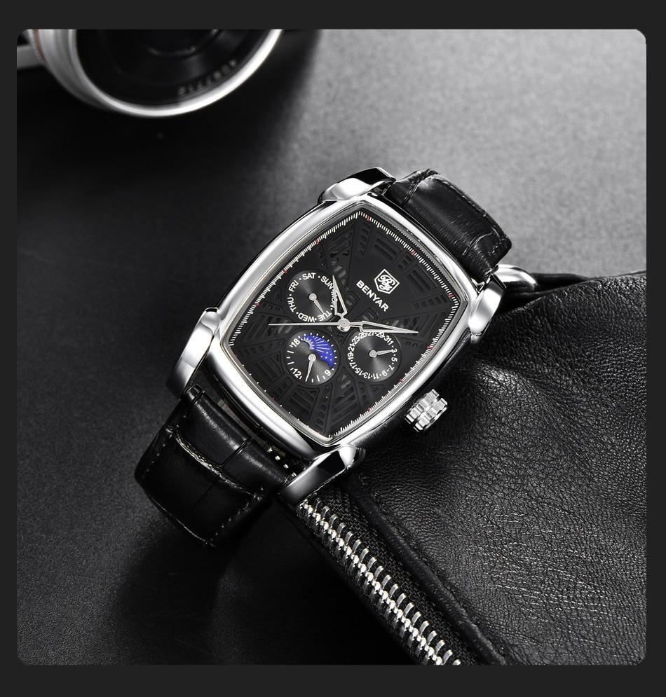 Stevvex square men's watch with black dial, movement, silver case, black leather strap on Tampa Home & Garden Store