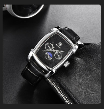 Stevvex square men's watch with black dial, movement, silver case, black leather strap on Tampa Home & Garden Store