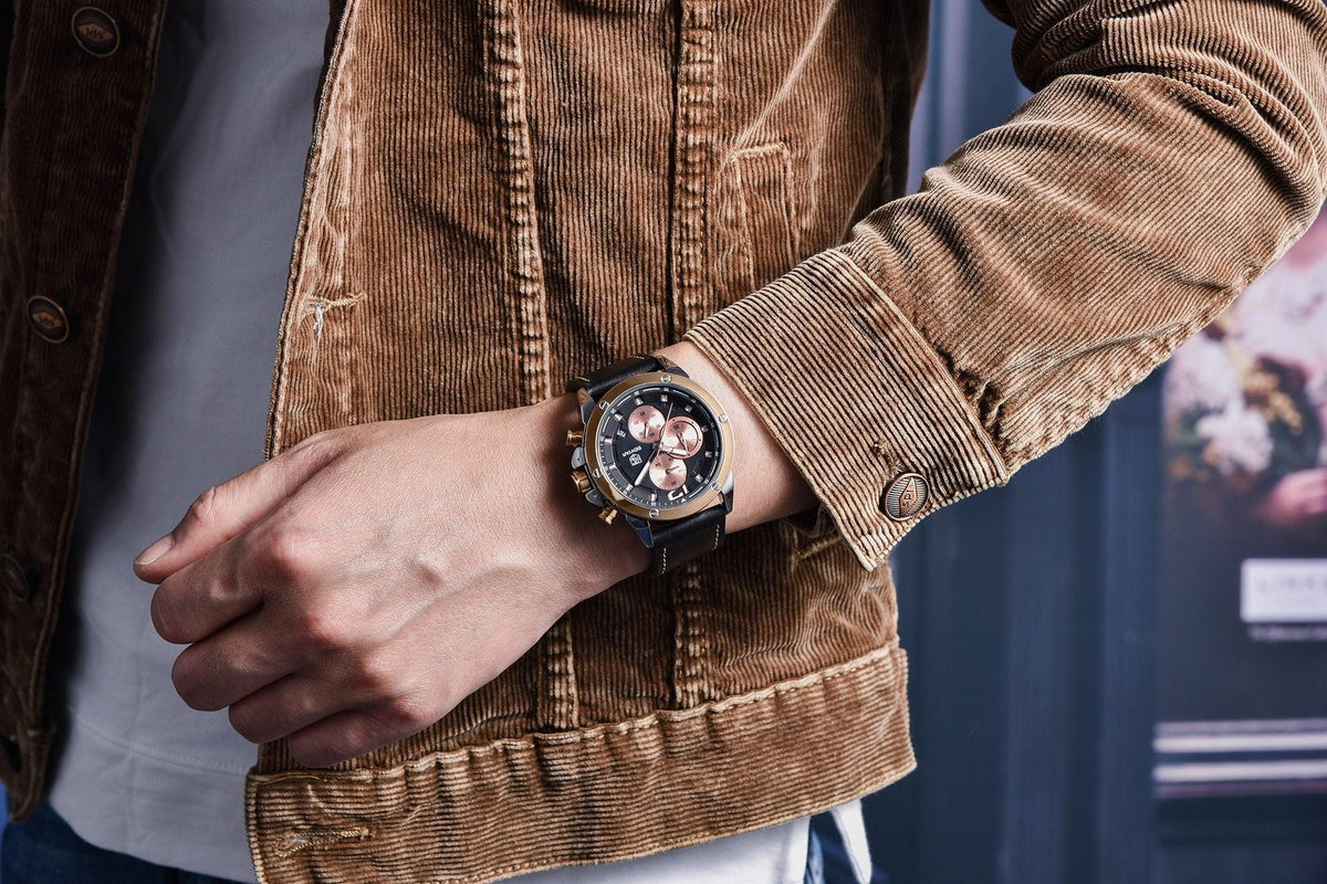 Watch Stevvex men's brown leather strap chronograph with black dial and rose gold subdials on Tampa Home & Garden Store