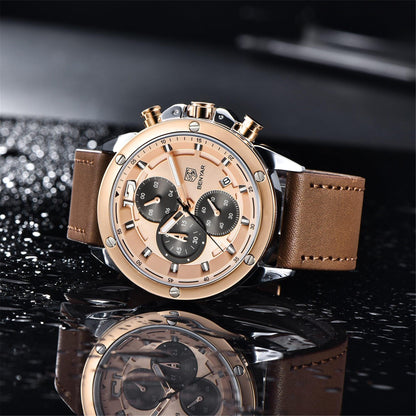 Stevvex brown luxury men's chronograph watch with rose-gold case and leather strap on Tampa Home & Garden Store