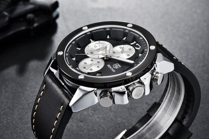 Men's chronograph watch with black dial and black leather strap Benyar logo on dial on Tampa Home & Garden Store