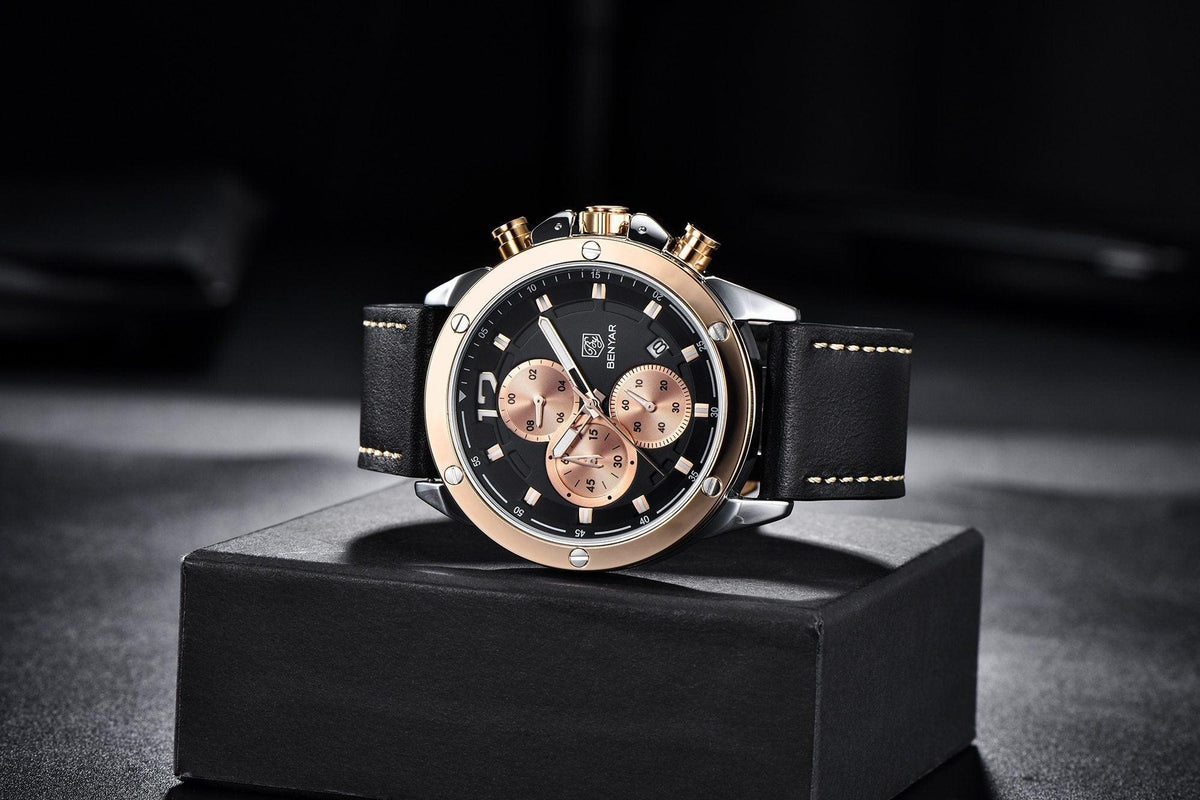Men's chronograph watch Benyar with black dial rose gold bezel and leather strap on Tampa Home & Garden Store