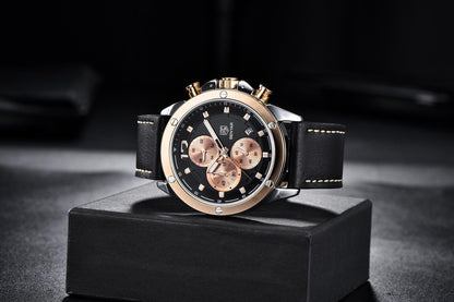 Men's chronograph watch Benyar with black dial rose gold bezel and leather strap on Tampa Home & Garden Store