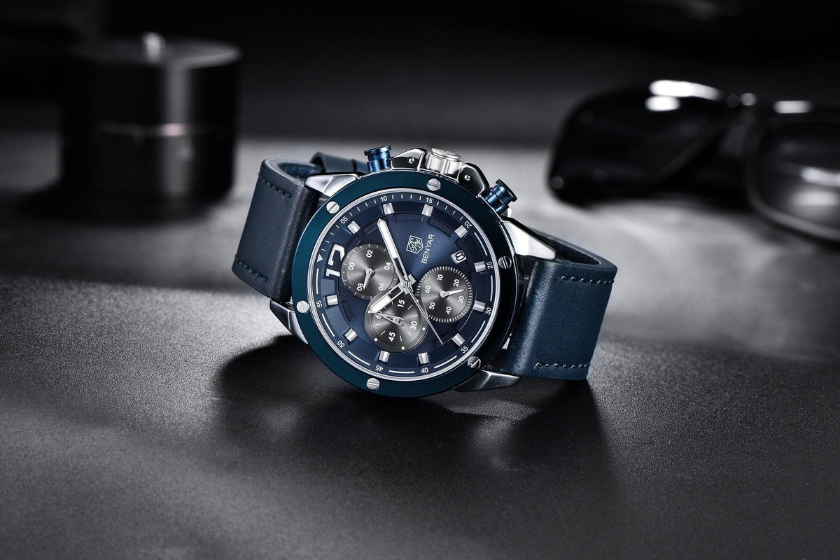 Stevvex multifunction men's chronograph wrist watch with blue dial and blue leather strap on Tampa Home & Garden Store