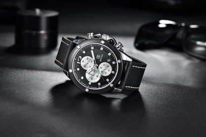 Men's multifunction chronograph wristwatch with black dial and leather strap Stevvex on Tampa Home & Garden Store