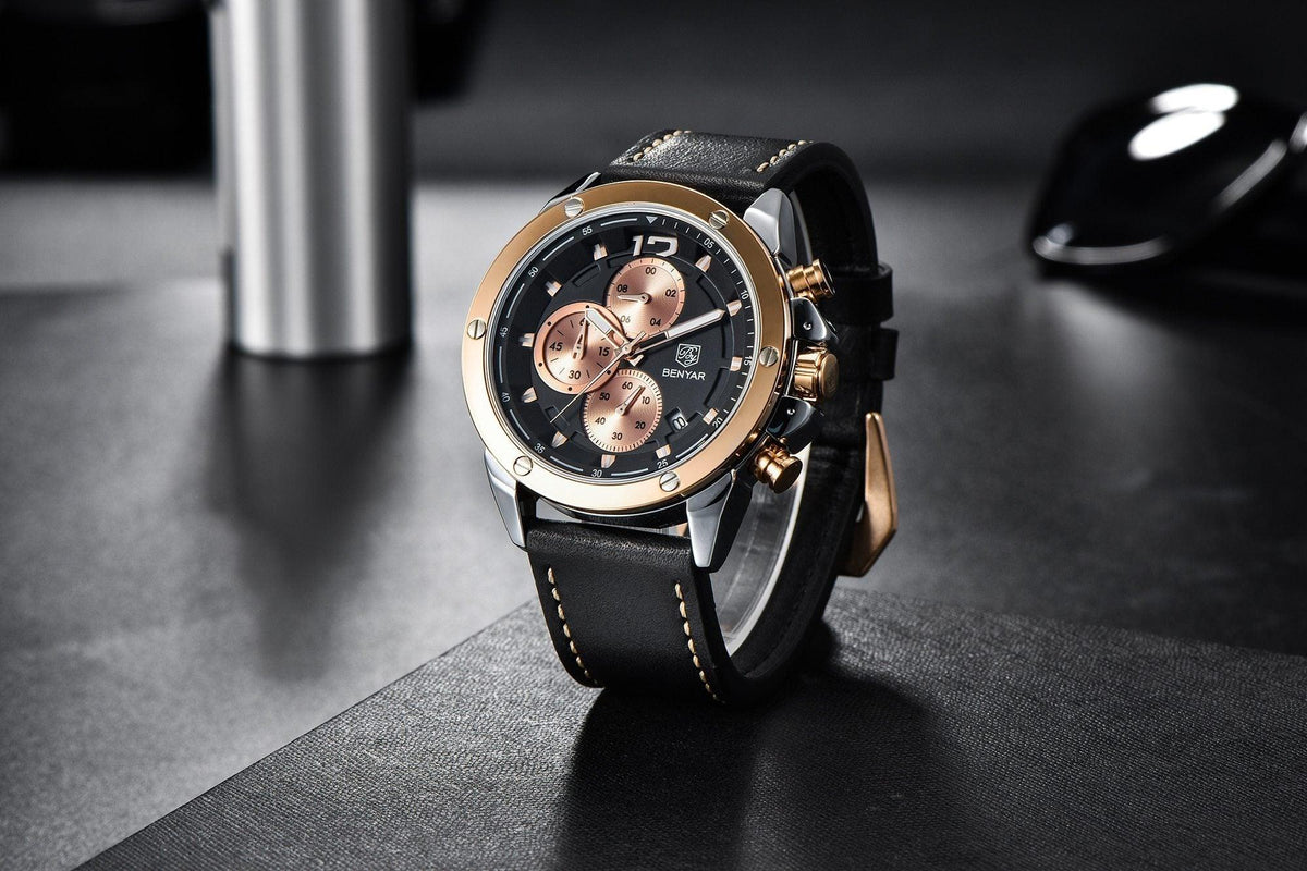 Stevvex men's multifunction chronograph watch with BENYAR logo, black dial, rose-gold bezel on Tampa Home & Garden Store