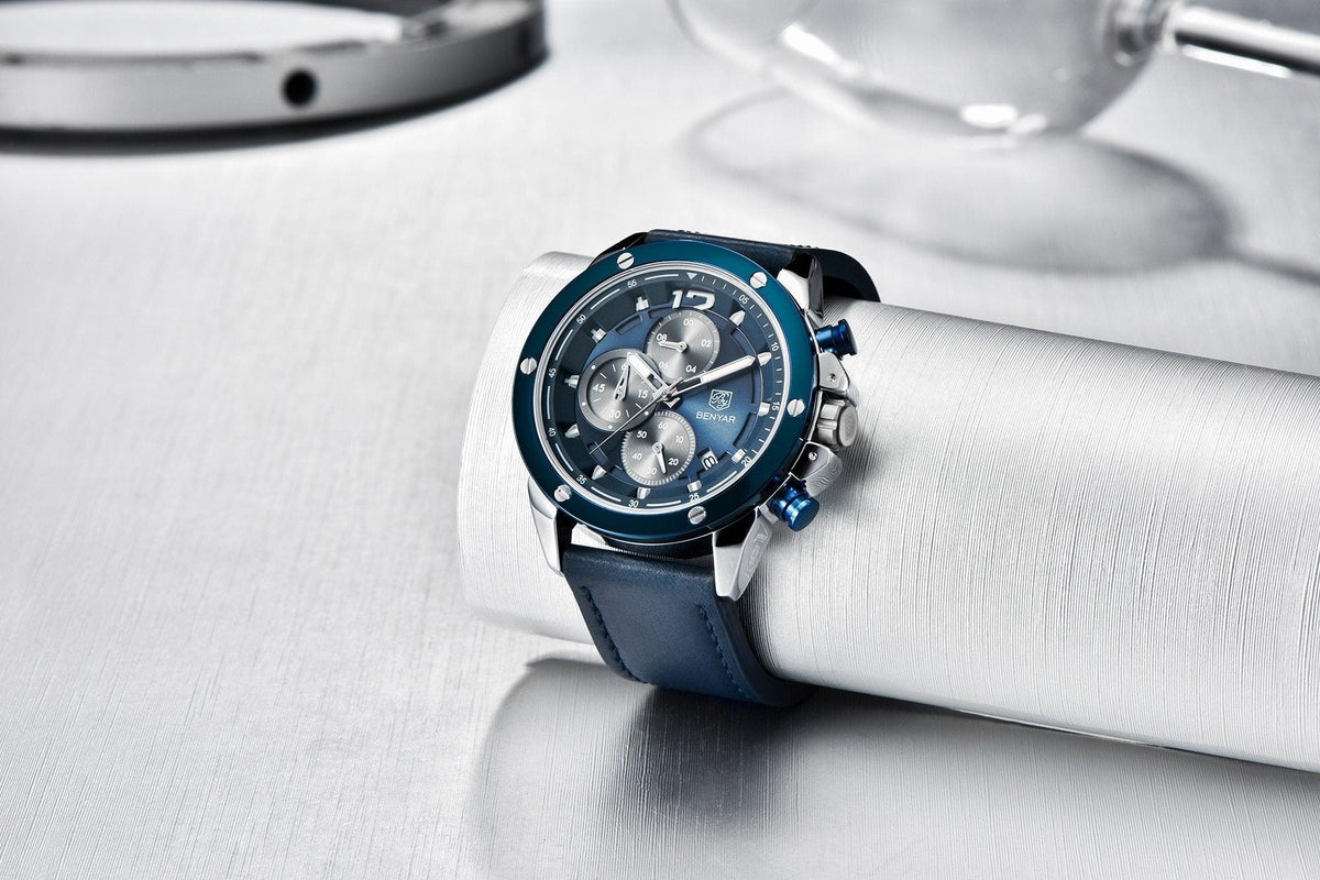 Men's blue dial chronograph wristwatch with stainless steel case and blue leather strap on Tampa Home & Garden Store