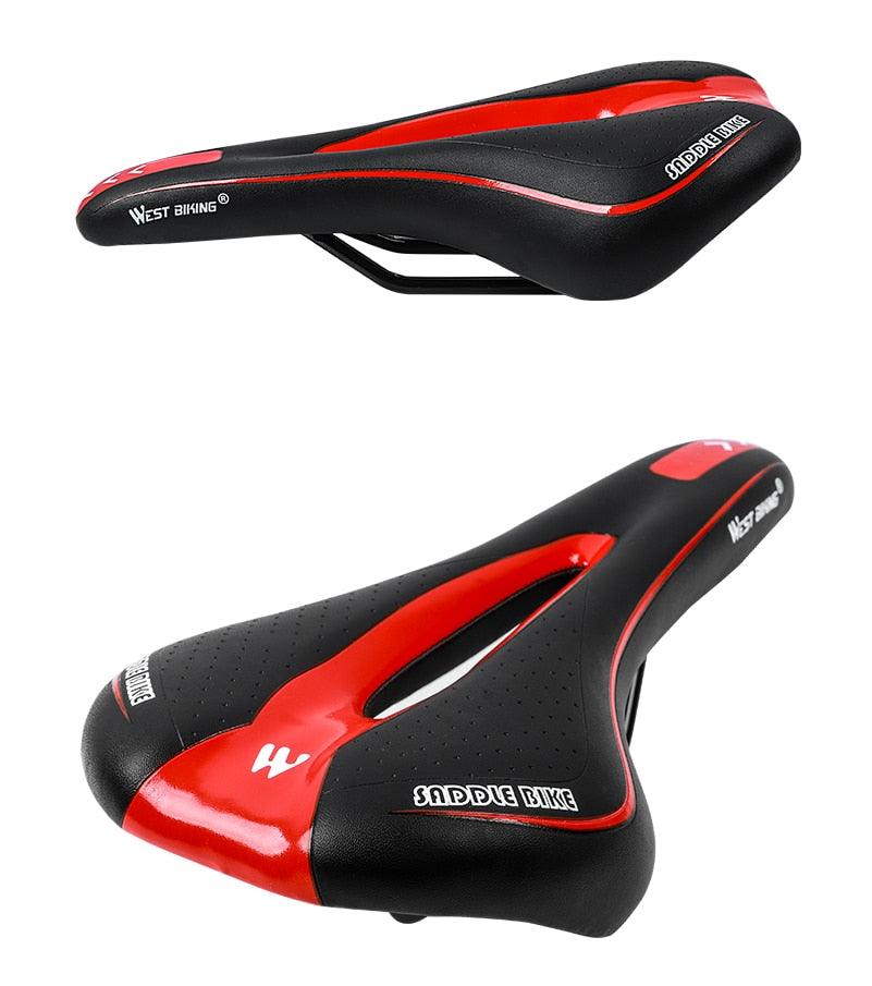 Leather bike saddle for road bikes, black/red hollow cutout, West Biking branding on Tampa Home & Garden Store