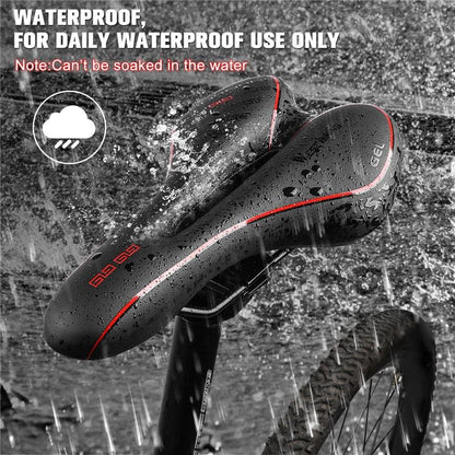 Leather bike saddle black with red piping, waterproof gel seat for road & mountain bikes on Tampa Home & Garden Store