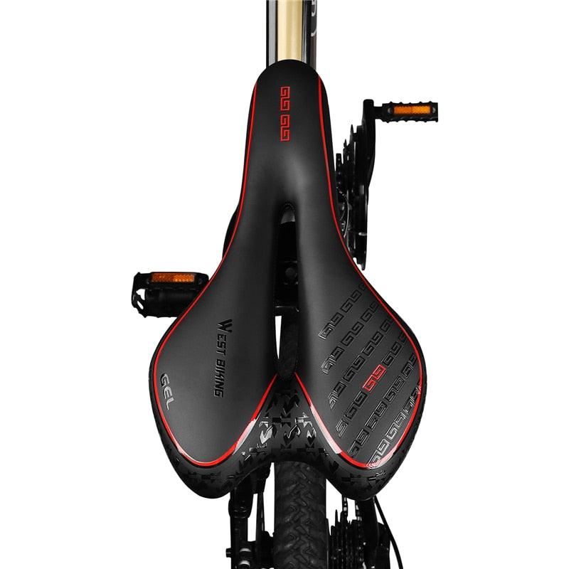 Leather bike saddle by Stevvex, black with red piping and center cutout, road MTB seat on Tampa Home & Garden Store