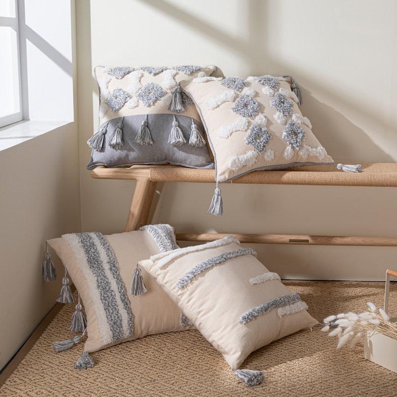 Stevvex cushion cover set cotton-linen tufted beige with gray tassel trim on Tampa Home & Garden Store
