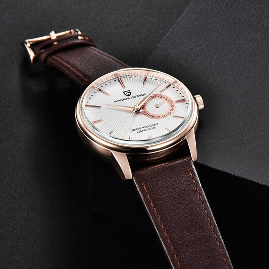 Men's quartz watch with brown leather strap, rose-gold case and white dial Pagani Design on Tampa Home & Garden Store