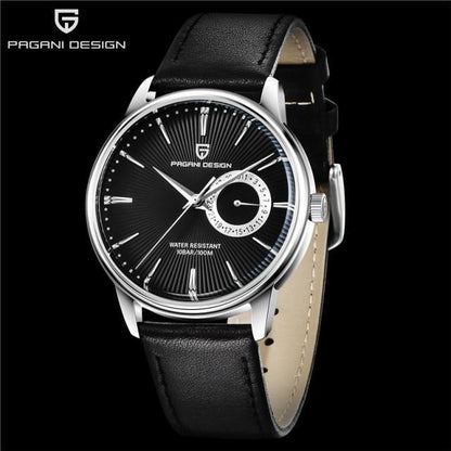 Men's quartz watch Stevvex Pagani Design with black dial, silver case, leather strap on Tampa Home & Garden Store