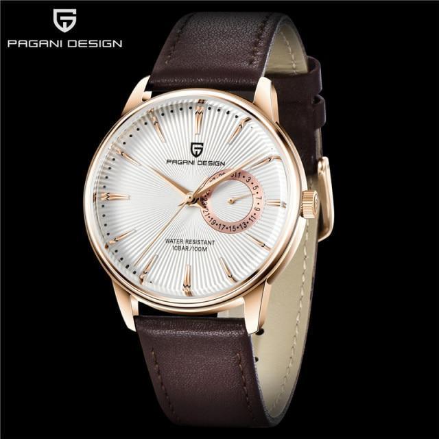 Mens quartz watch with brown leather strap, rose gold case, white dial, Pagani Design on dial on Tampa Home & Garden Store
