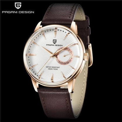 Mens quartz watch with brown leather strap, rose gold case, white dial, Pagani Design on dial on Tampa Home & Garden Store