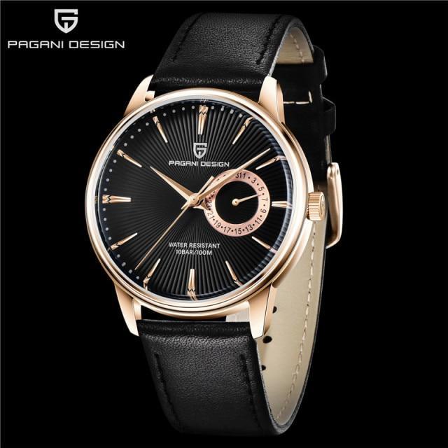Mens quartz watch Pagani Design with black dial, rose gold case, black leather strap on Tampa Home & Garden Store