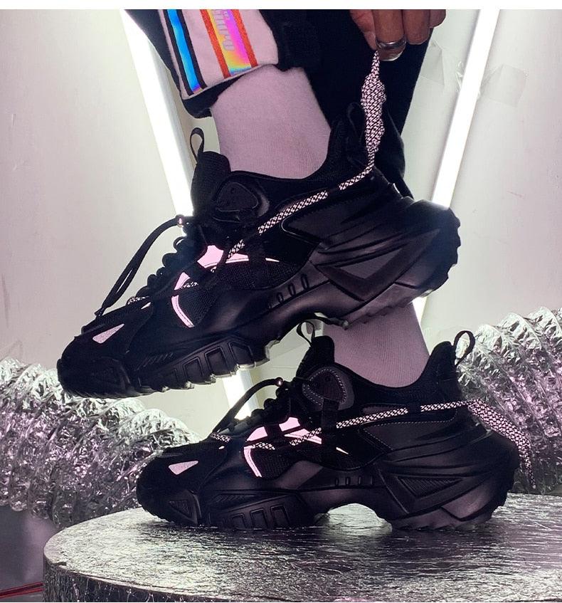 Stevvex men's chunky sneakers with thick height-boosting sole, black with pink, 2 sneakers on Tampa Home & Garden Store