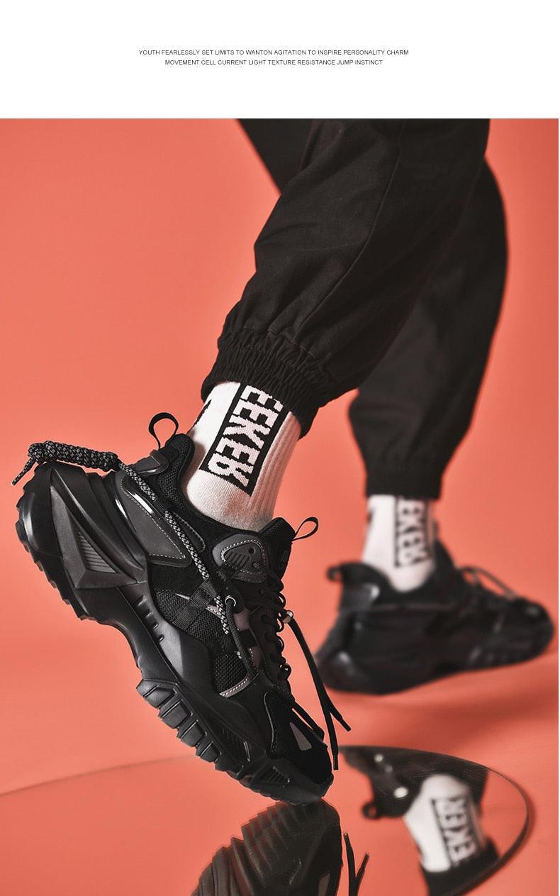 Mens chunky Stevvex sneakers with thick spring sole, black high-top walking shoes pair on Tampa Home & Garden Store
