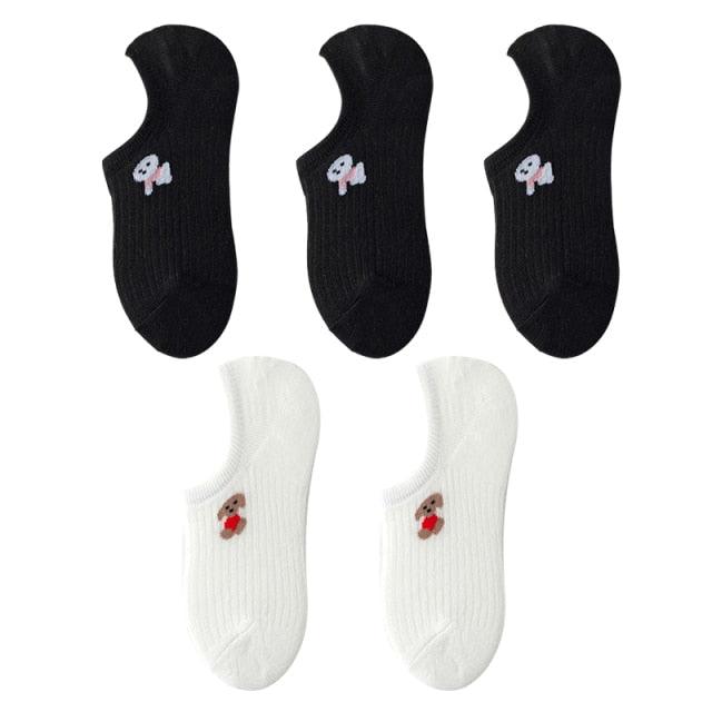 Stevvex 5-pair ankle socks set black and white cotton kawaii animal prints non-slip on Tampa Home & Garden Store