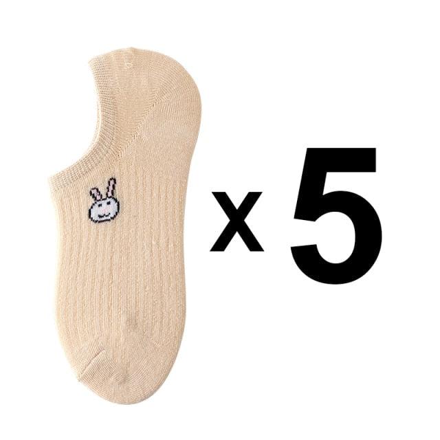 Stevvex kawaii animal print ankle socks 5-pack beige cotton with bunny embroidery on Tampa Home & Garden Store