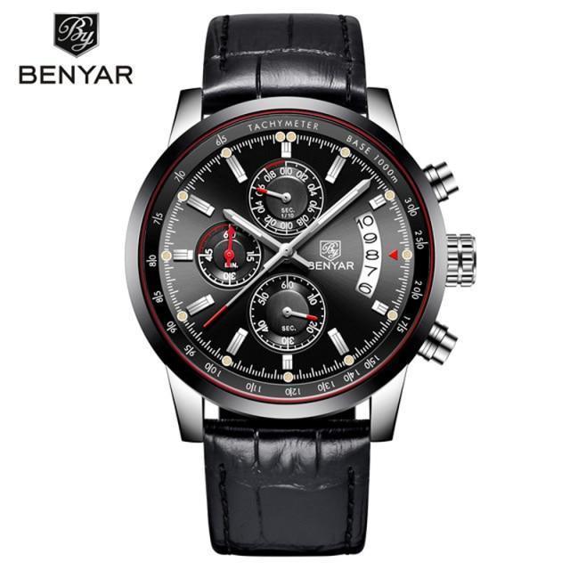 Men's chronograph wristwatch with black dial, leather strap and tachymeter bezel BENYAR on Tampa Home & Garden Store