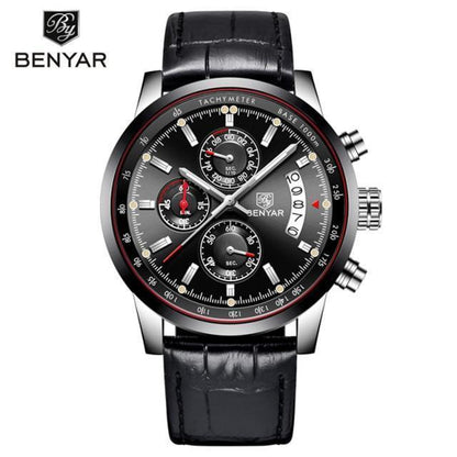 Men's chronograph wristwatch with black dial, leather strap and tachymeter bezel BENYAR on Tampa Home & Garden Store