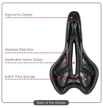 Stevvex black bike saddle underside with ergonomic design, absorber steel bow, hollow on Tampa Home & Garden Store