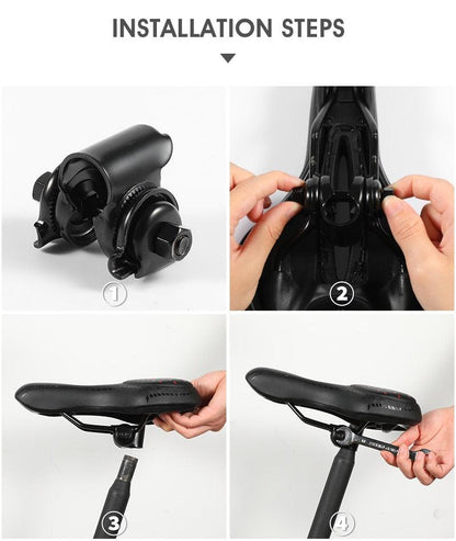Stevvex bike saddle PU leather gel cushion, anti-slip waterproof; 4-step install collage on Tampa Home & Garden Store