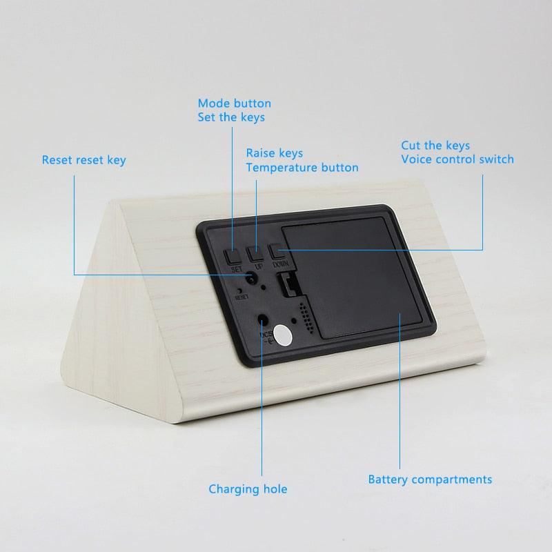 Stevvex wooden digital alarm clock with LED display, desktop clock in light wood on Tampa Home & Garden Store