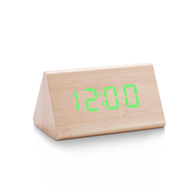 Stevvex wooden digital alarm clock with green LED display on Tampa Home & Garden Store