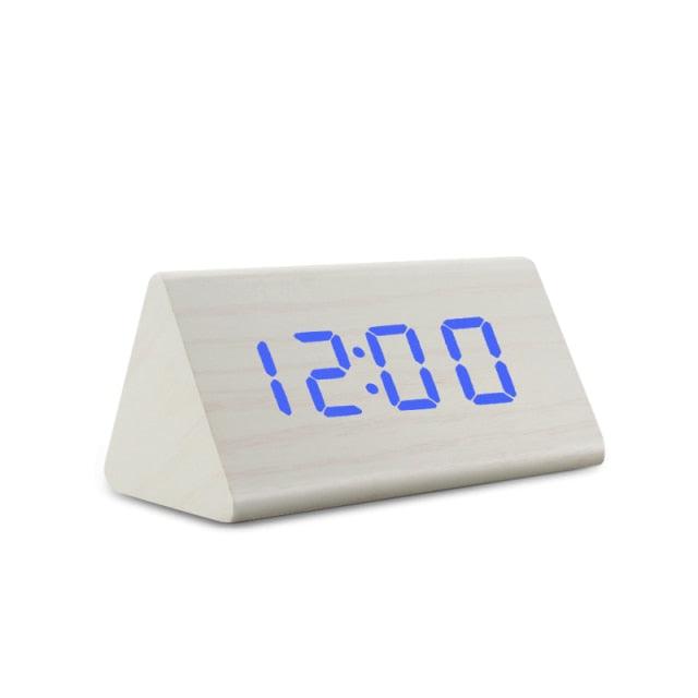 Stevvex wooden digital alarm clock with blue LED display triangle desk clock on Tampa Home & Garden Store