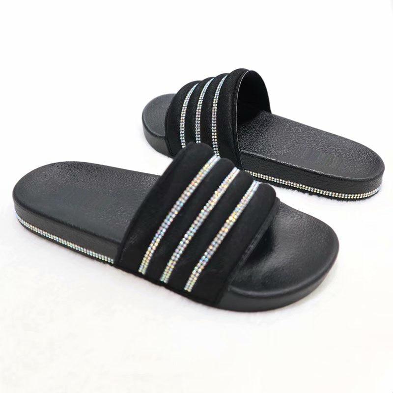 Rubber slide sandals for women with rhinestone stripe straps Stevvex casual summer flats on Tampa Home & Garden Store