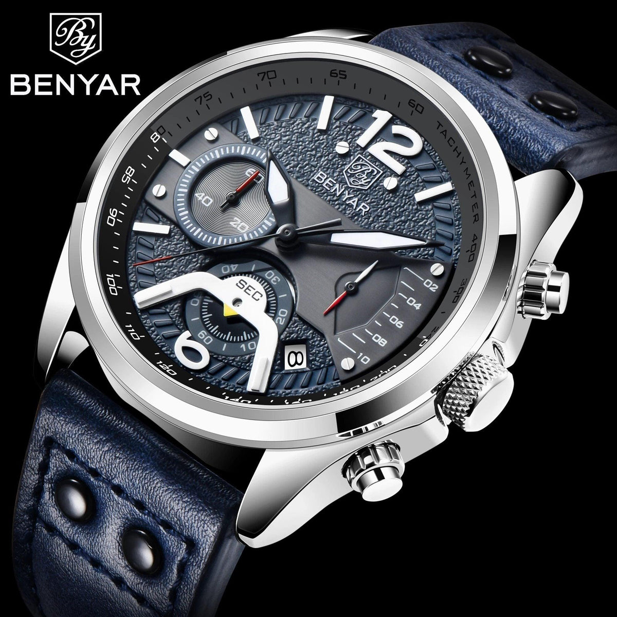 Benyar sport analog quartz watch with blue leather strap and steel case tachymeter dial on Tampa Home & Garden Store