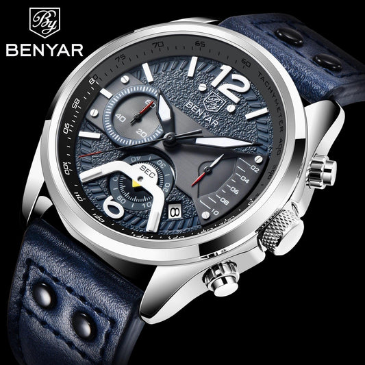 Benyar sport analog quartz watch with blue leather strap and steel case tachymeter dial on Tampa Home & Garden Store