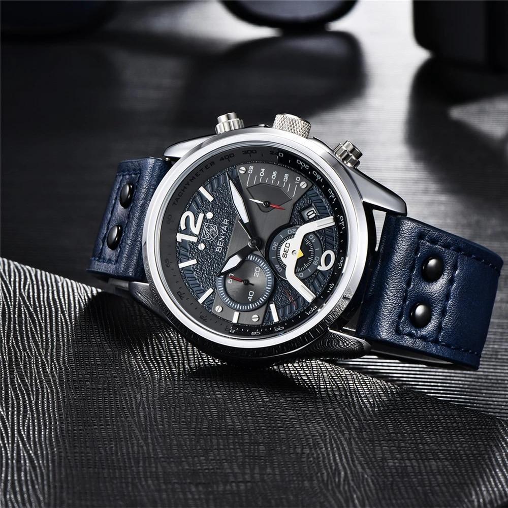 Stevvex men's analog chronograph watch with blue leather strap on Tampa Home & Garden Store