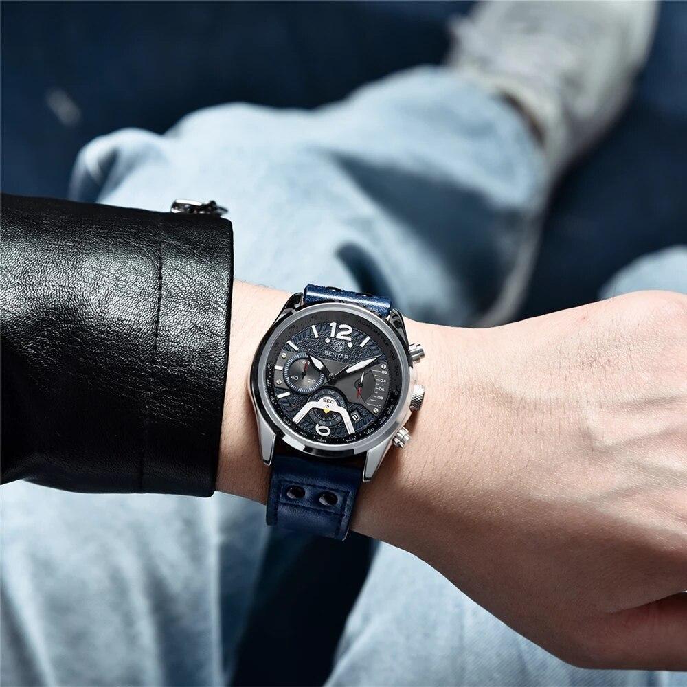 Stevvex men's analog chronograph wristwatch with blue leather strap and black dial on Tampa Home & Garden Store
