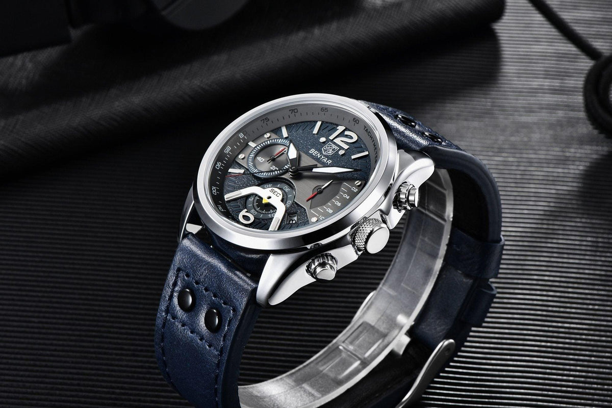 Men's sport chronograph watch with blue leather strap and stainless steel case analog dial on Tampa Home & Garden Store