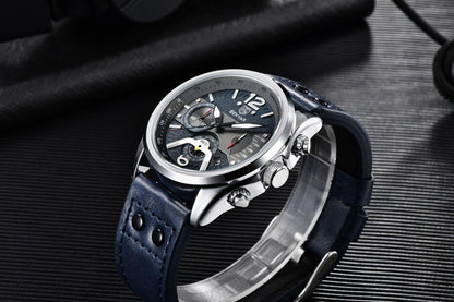 Men's sport chronograph watch with blue leather strap and stainless steel case analog dial on Tampa Home & Garden Store