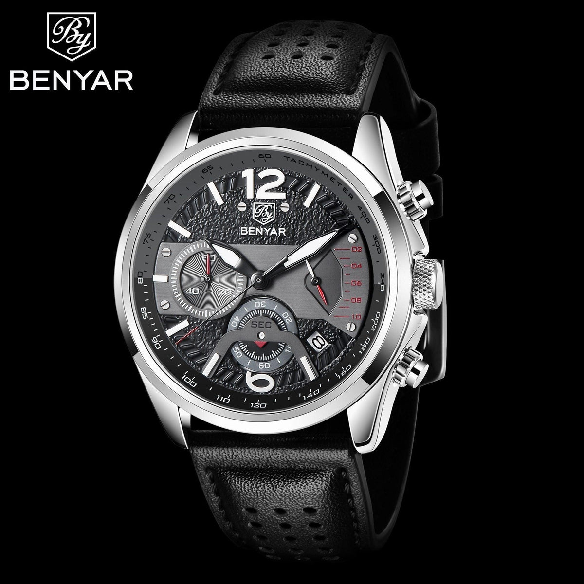 ST442LKJ66 men's sport quartz watch with black perforated leather strap and chronograph on Tampa Home & Garden Store
