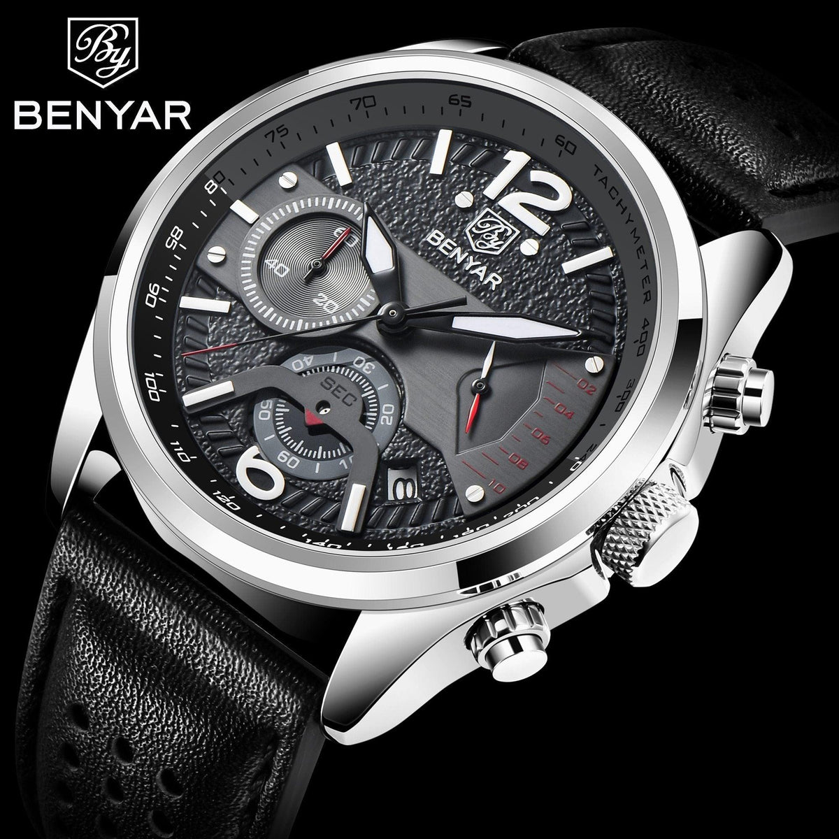 Men's sport quartz analog watch with black dial and leather strap Benyar on Tampa Home & Garden Store