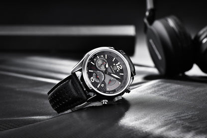 Stevvex ST442LKJ66 men's sport chronograph wristwatch with black leather strap and steel case on Tampa Home & Garden Store