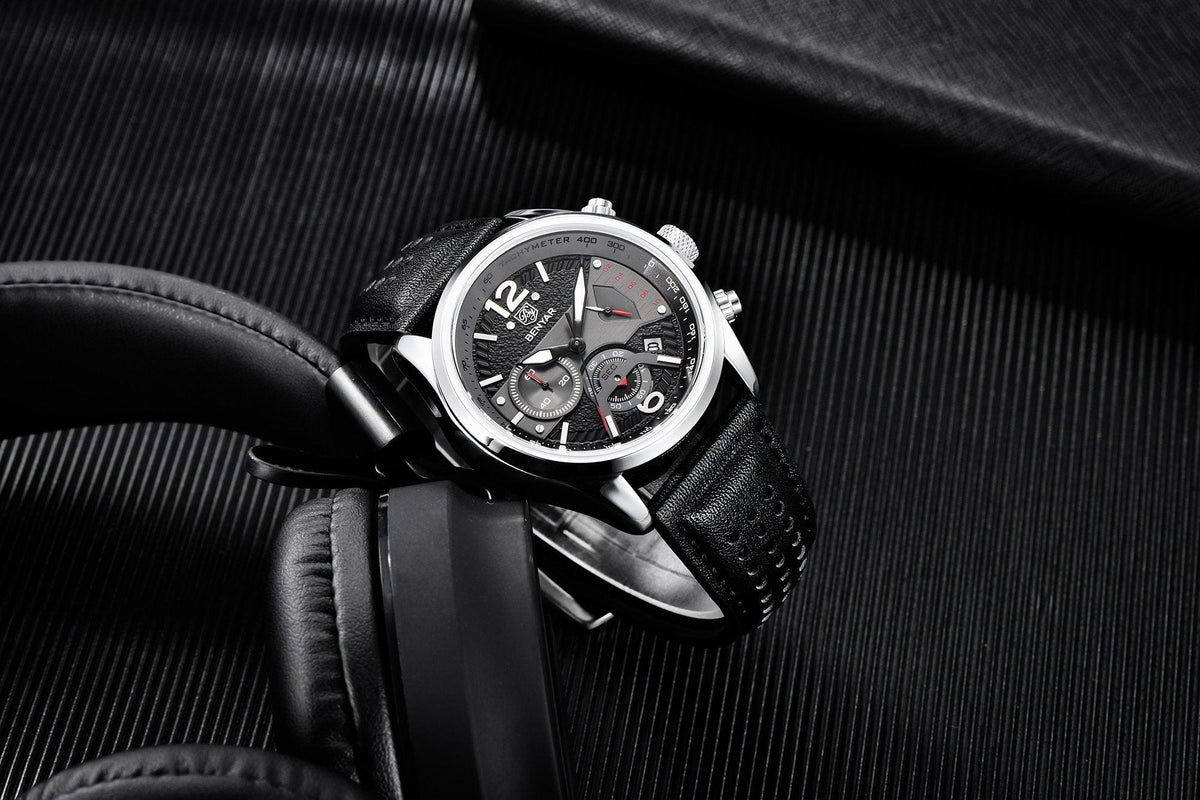 Stevvex men's sport chronograph watch with black leather strap, silver case on Tampa Home & Garden Store